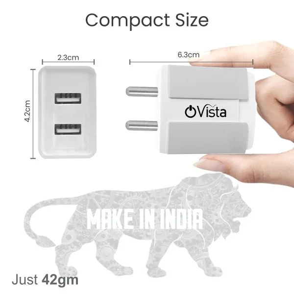 Ovista 5V/3.1 Amp Dual Port Usb Smart Charger Fast Charging Power Adaptor With Cable - Image 3