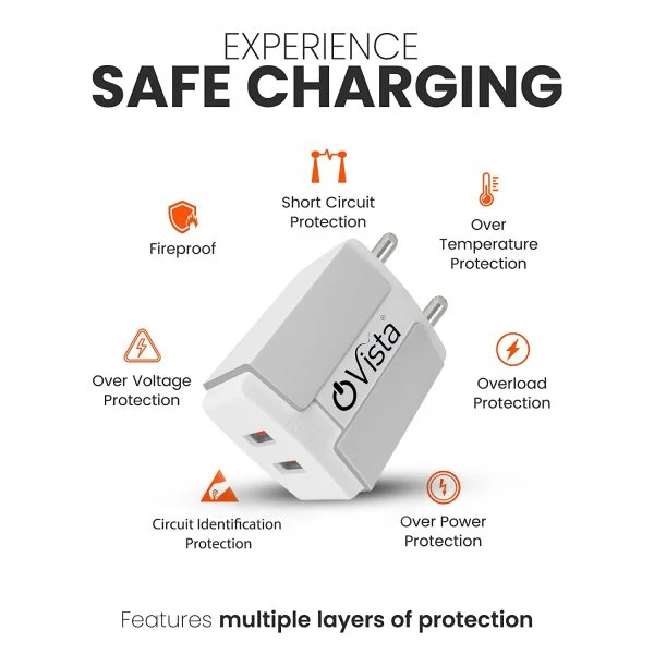 Ovista 5V/3.1 Amp Dual Port Usb Smart Charger Fast Charging Power Adaptor With Cable - Image 5