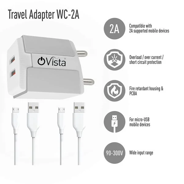 Ovista 5V/3.1 Amp Dual Port Usb Smart Charger Fast Charging Power Adaptor With Cable - Image 4
