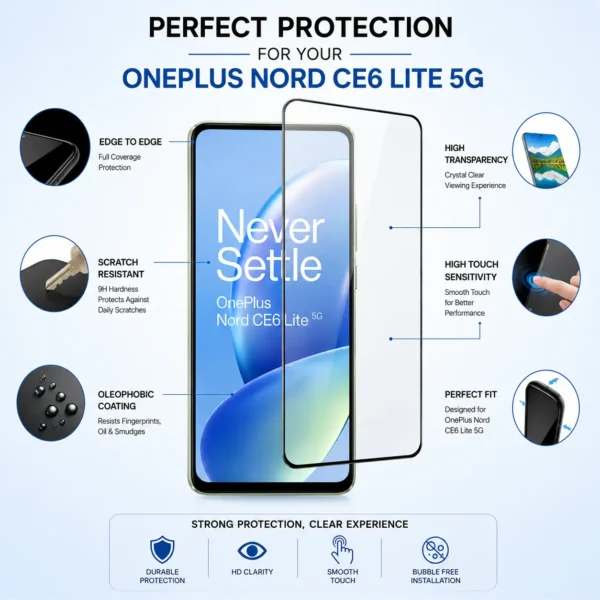 Excicore OnePlus Nord CE6 Lite 5G Tempered Glass Screen Protector | 9H Hardness HD Clear Bubble Free - Image 3